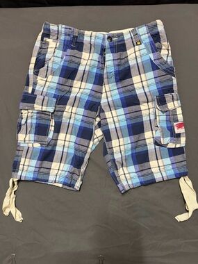 Men's Blue Plaid Cargo Shorts with Drawcord Hem